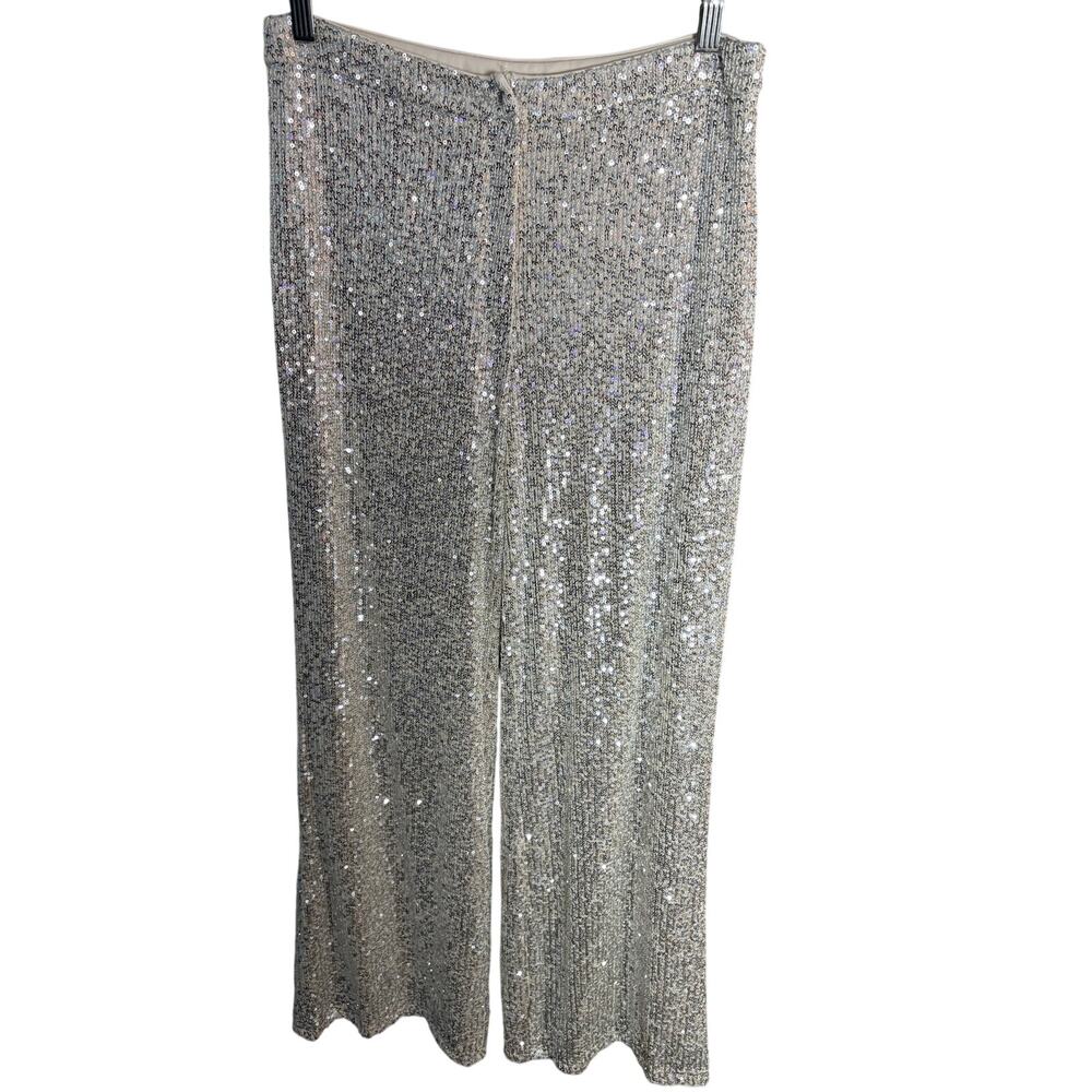 NWT Aakaa Women's Silver‎ Sequin Lined Wide Leg Pants L Glam Holiday Party Disco